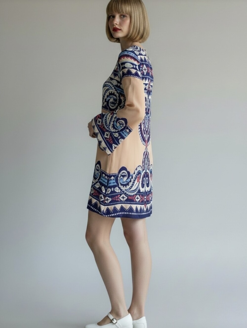 Pink Owl 60s Retro Bell Sleeve Hippy Boho Mini Dress